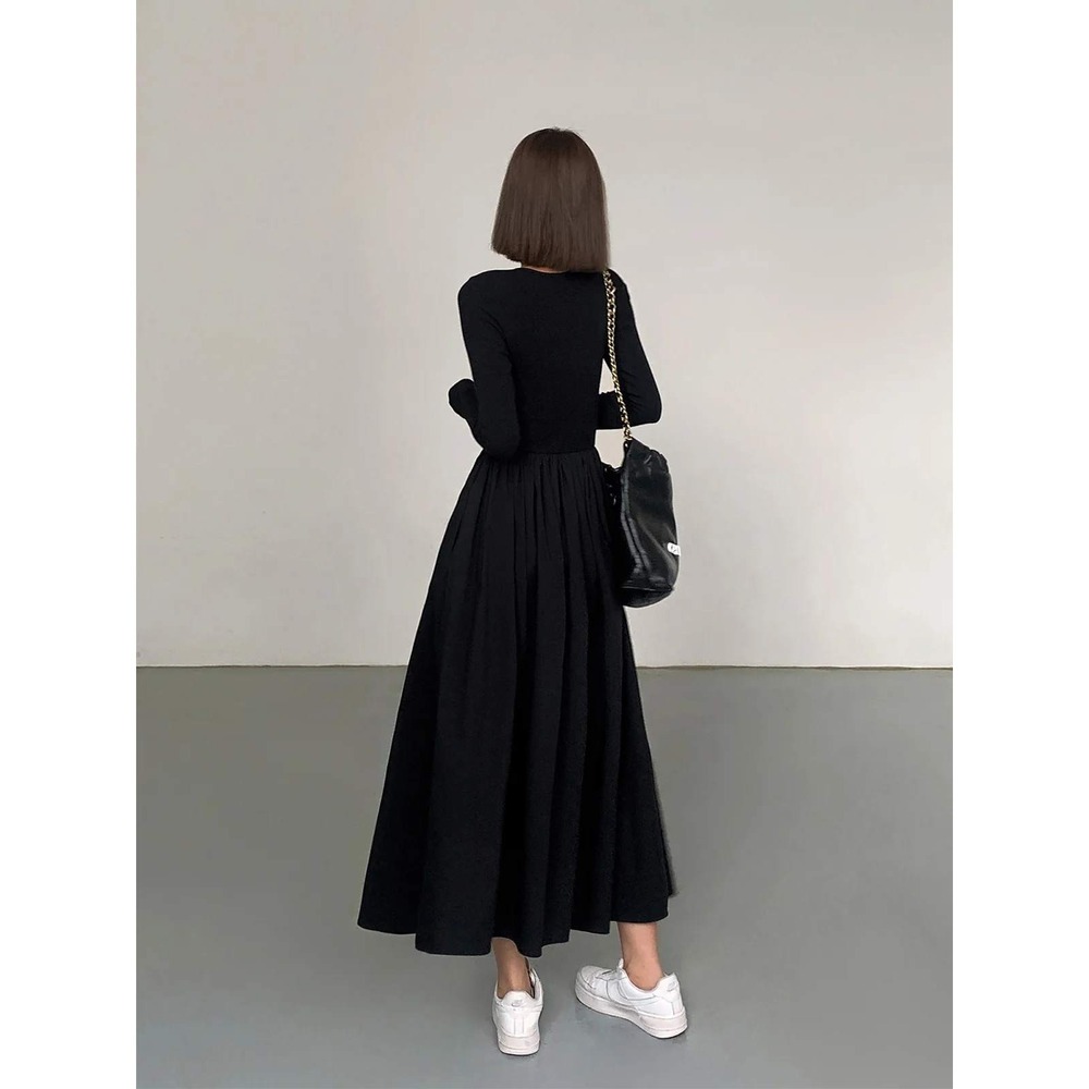 Commense Black Long Sleeve Drop Waist Maxi Dress with Pockets Crew Neck Knit Top - Picture 5 of 8